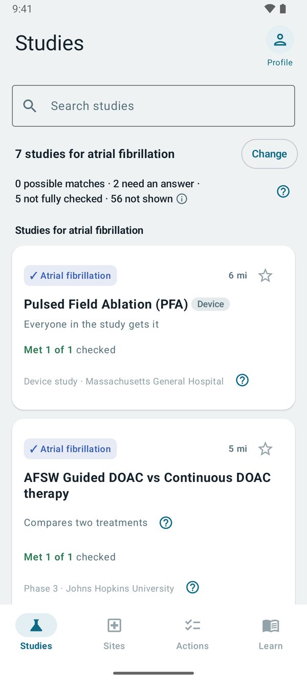 StudyMatcher's Studies list on an Android phone