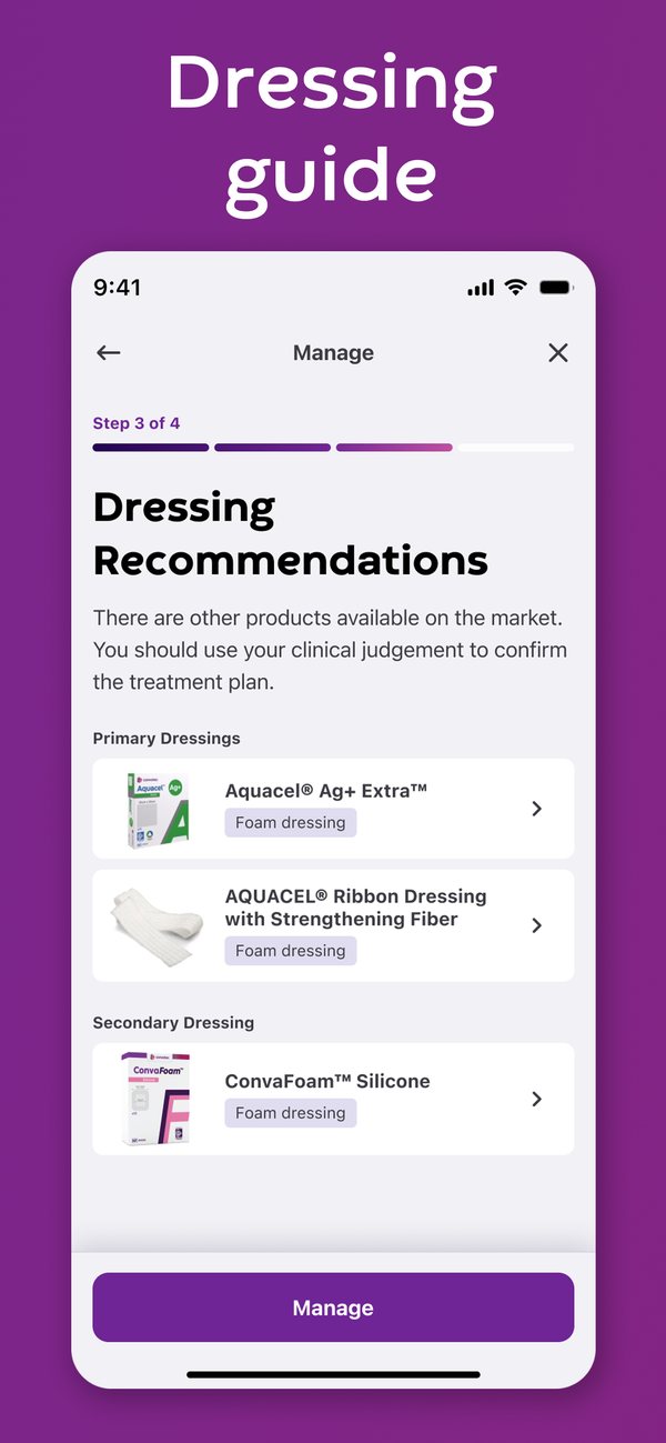 Dressing recommendations for the assessed wound